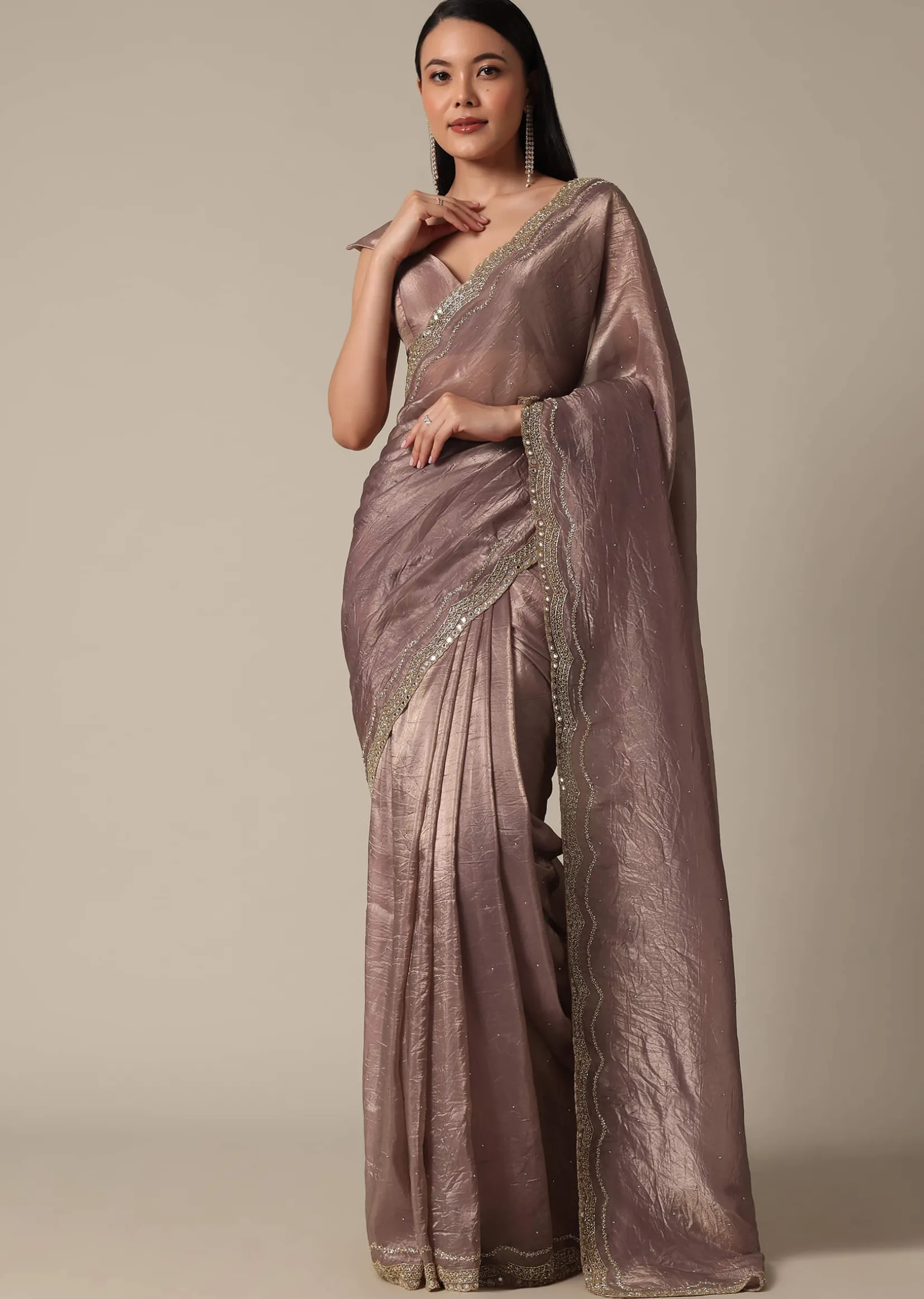 Elegant Brown Saree With Mirror and Stone Work
