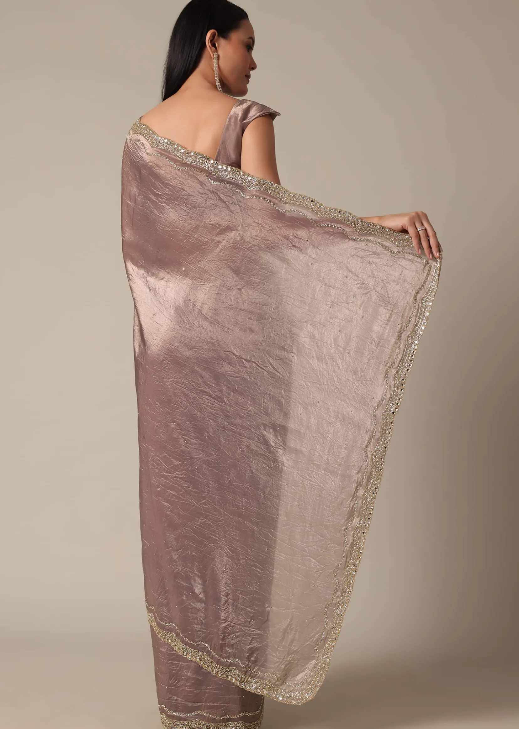 Elegant Brown Saree With Mirror and Stone Work