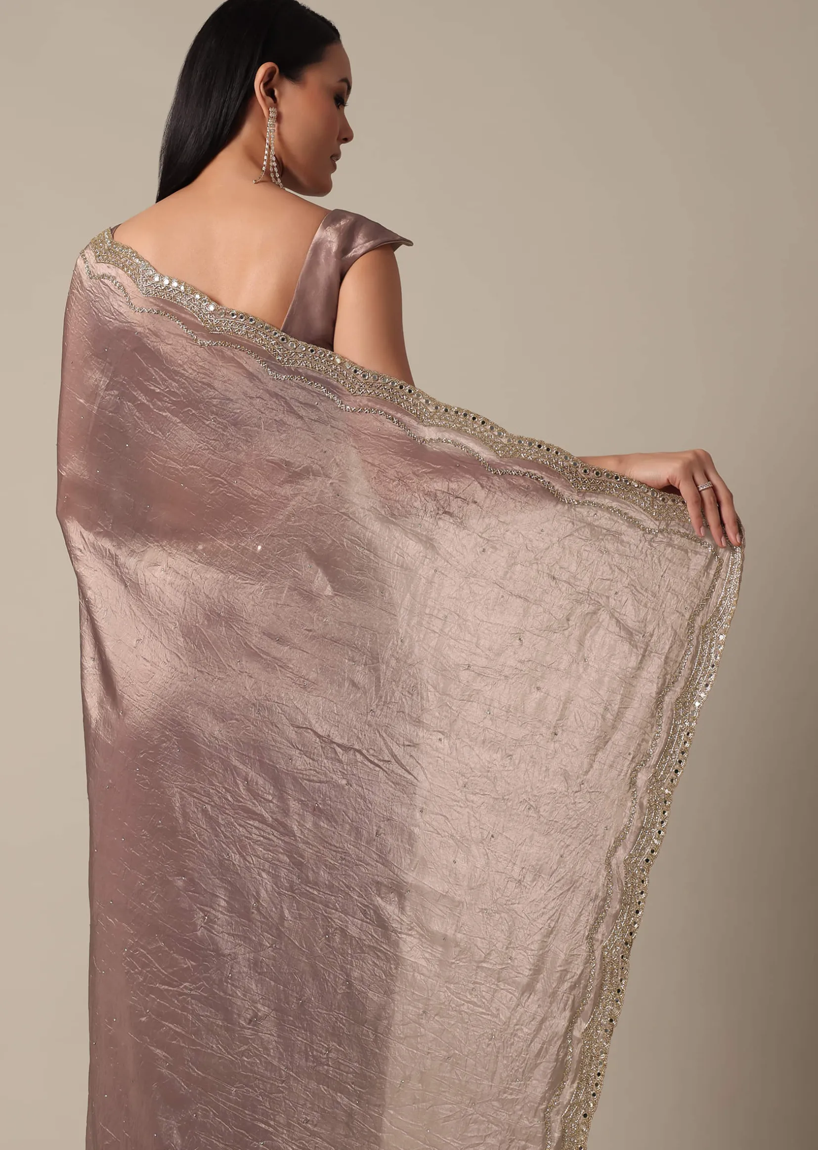 Elegant Brown Saree With Mirror and Stone Work