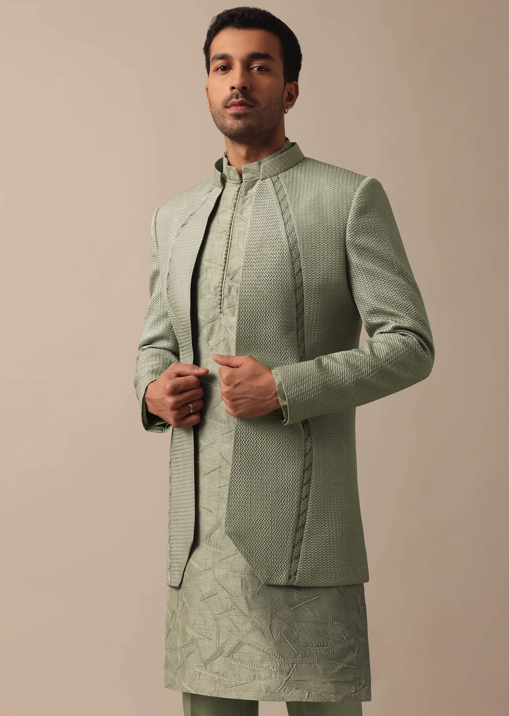 Elegant Green Indowestern Set Featuring Striking Self Work