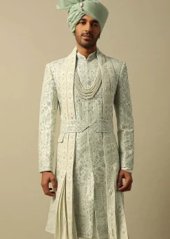 Elegant Green Raw Silk Sherwani Set