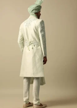 Elegant Green Raw Silk Sherwani Set