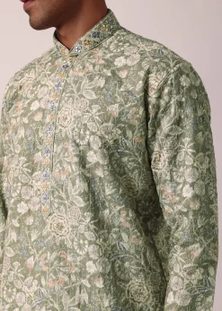 Elegant Green Silk Kurta Set With All-Over Print