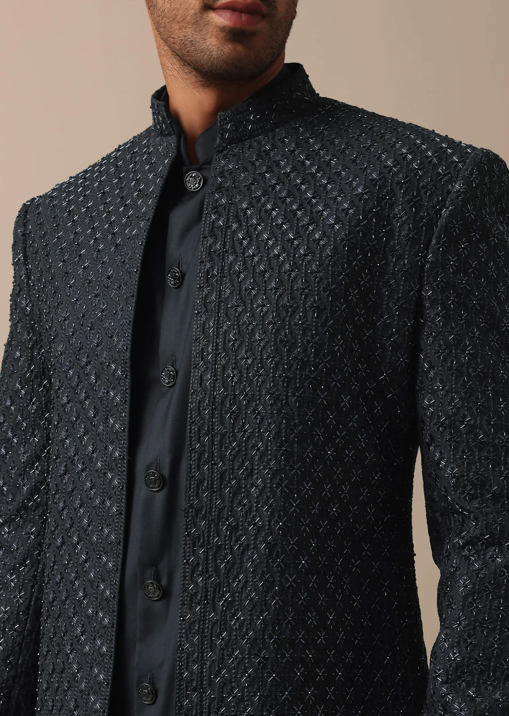 Elegant Grey Heavy Embroidered Indowestern For Grooms