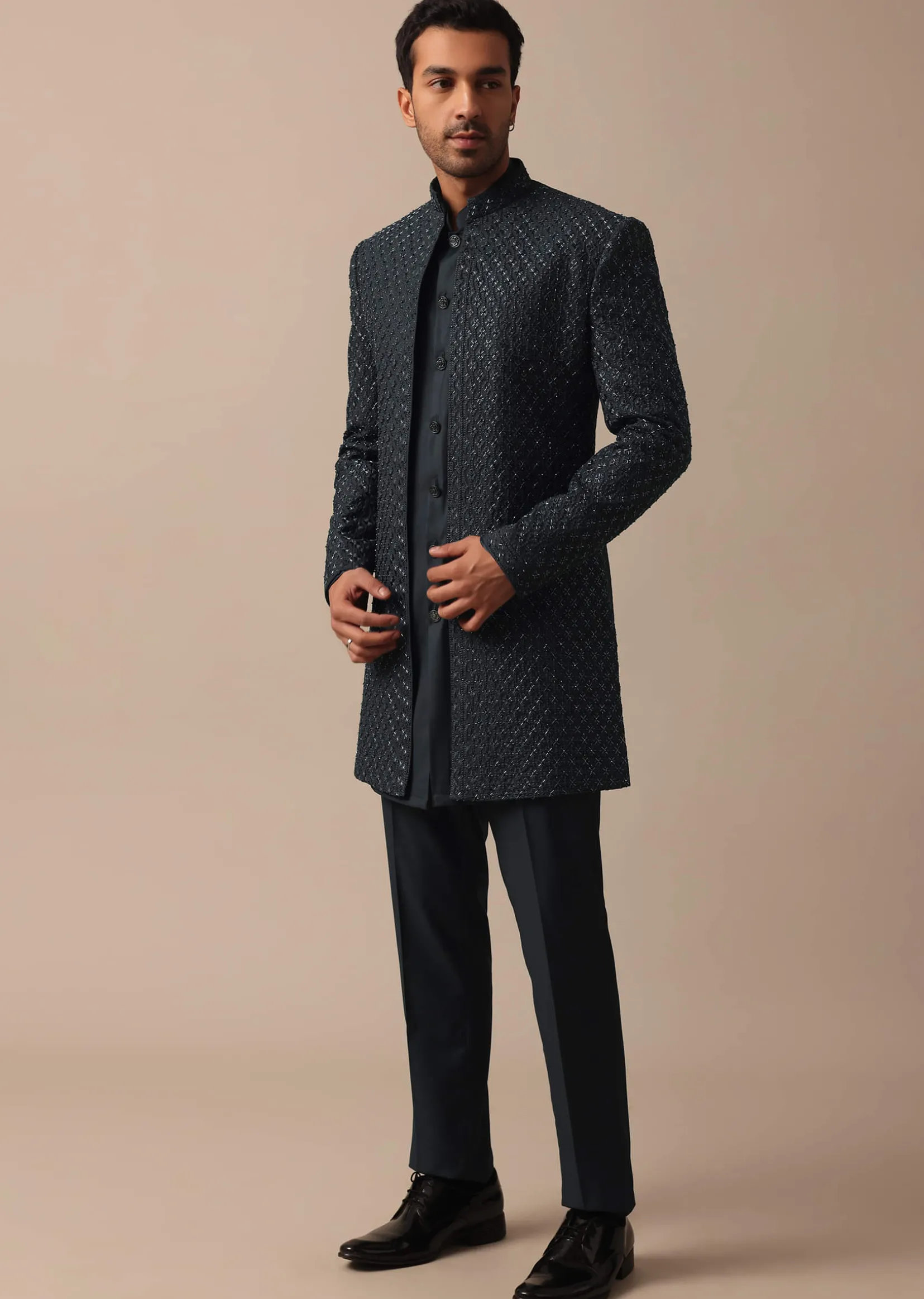 Elegant Grey Heavy Embroidered Indowestern For Grooms