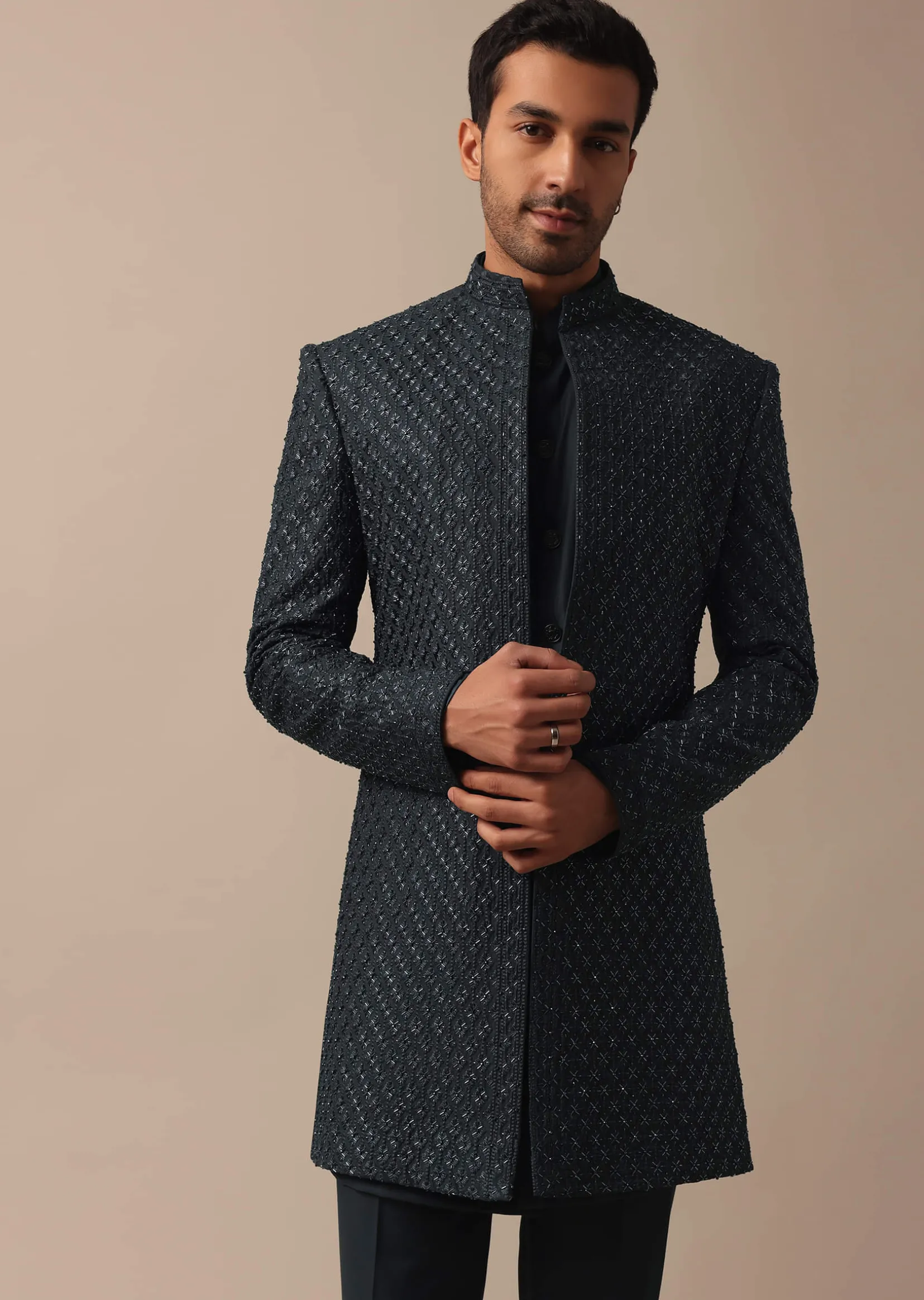 Elegant Grey Heavy Embroidered Indowestern For Grooms