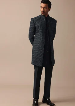 Elegant Grey Heavy Embroidered Indowestern For Grooms