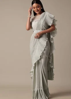 Elegant Grey Readymade Saree With Stitched Blouse
