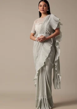 Elegant Grey Readymade Saree With Stitched Blouse