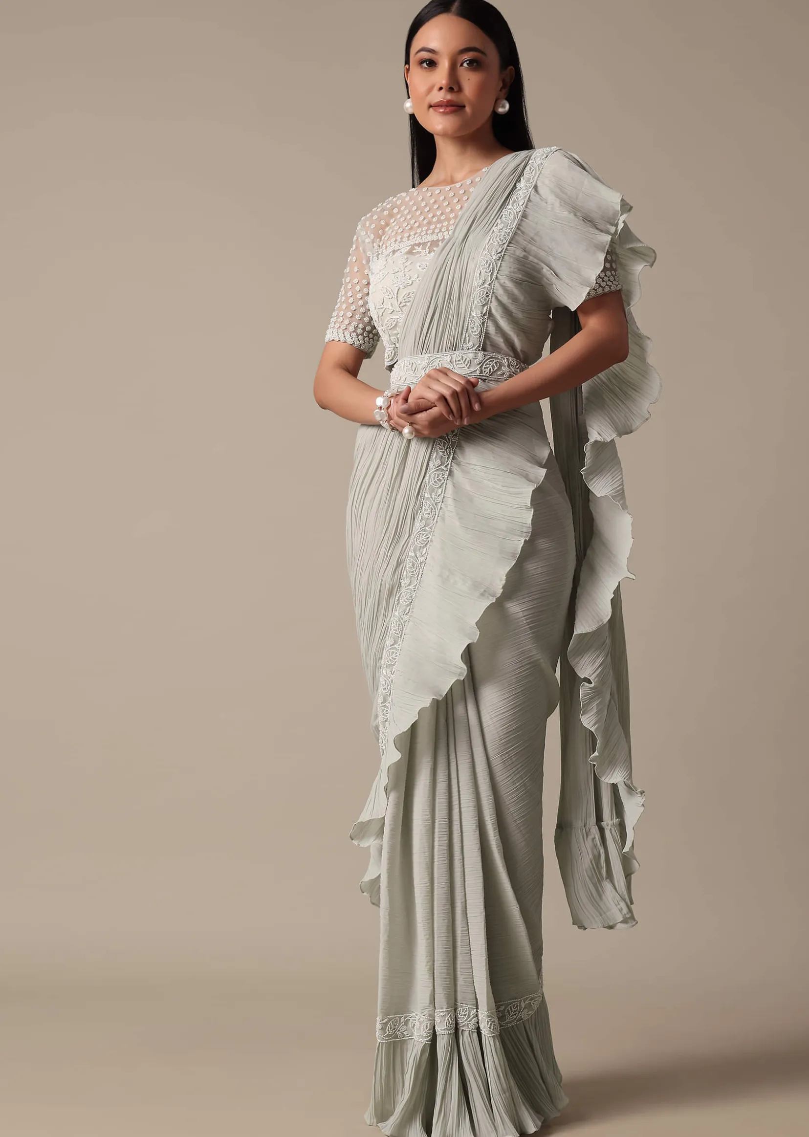 Elegant Grey Readymade Saree With Stitched Blouse