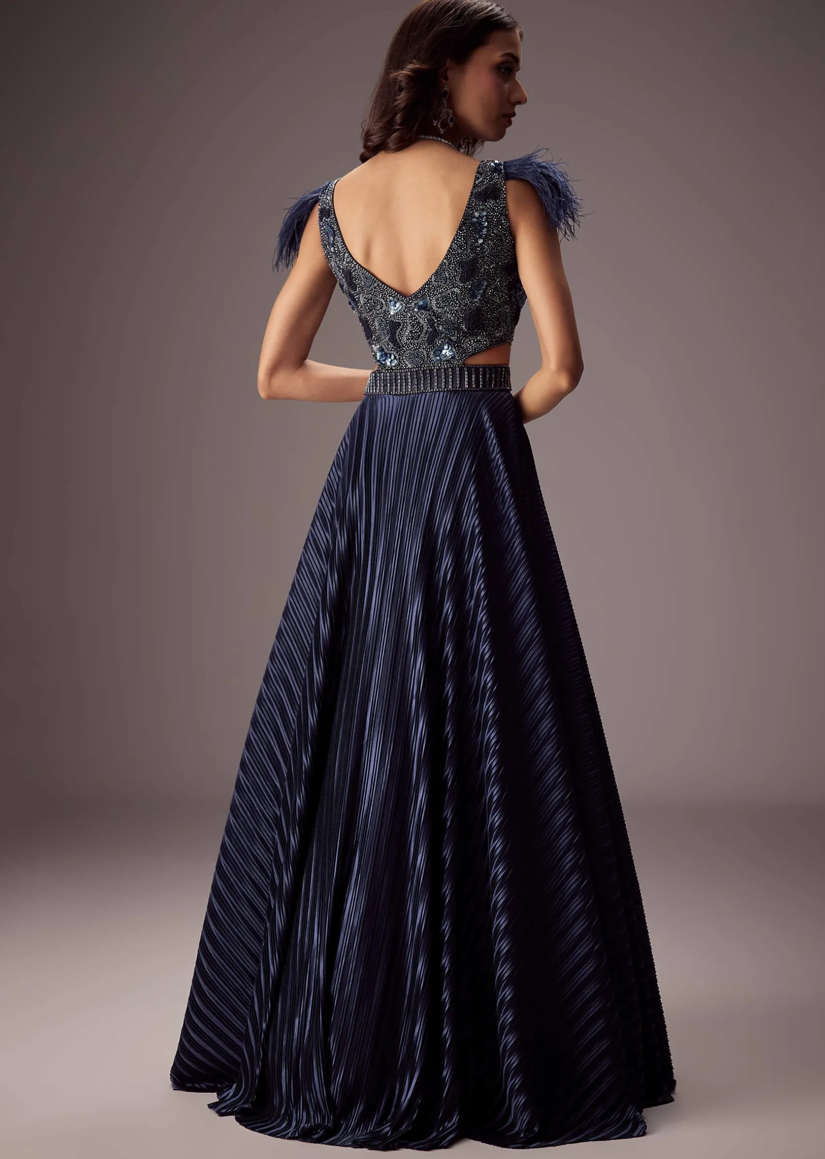 Elegant Navy Crepe Gown With Embroidered Yoke And Sweeping Ghera