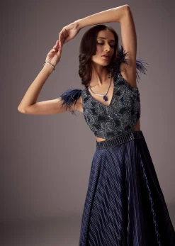 Elegant Navy Crepe Gown With Embroidered Yoke And Sweeping Ghera