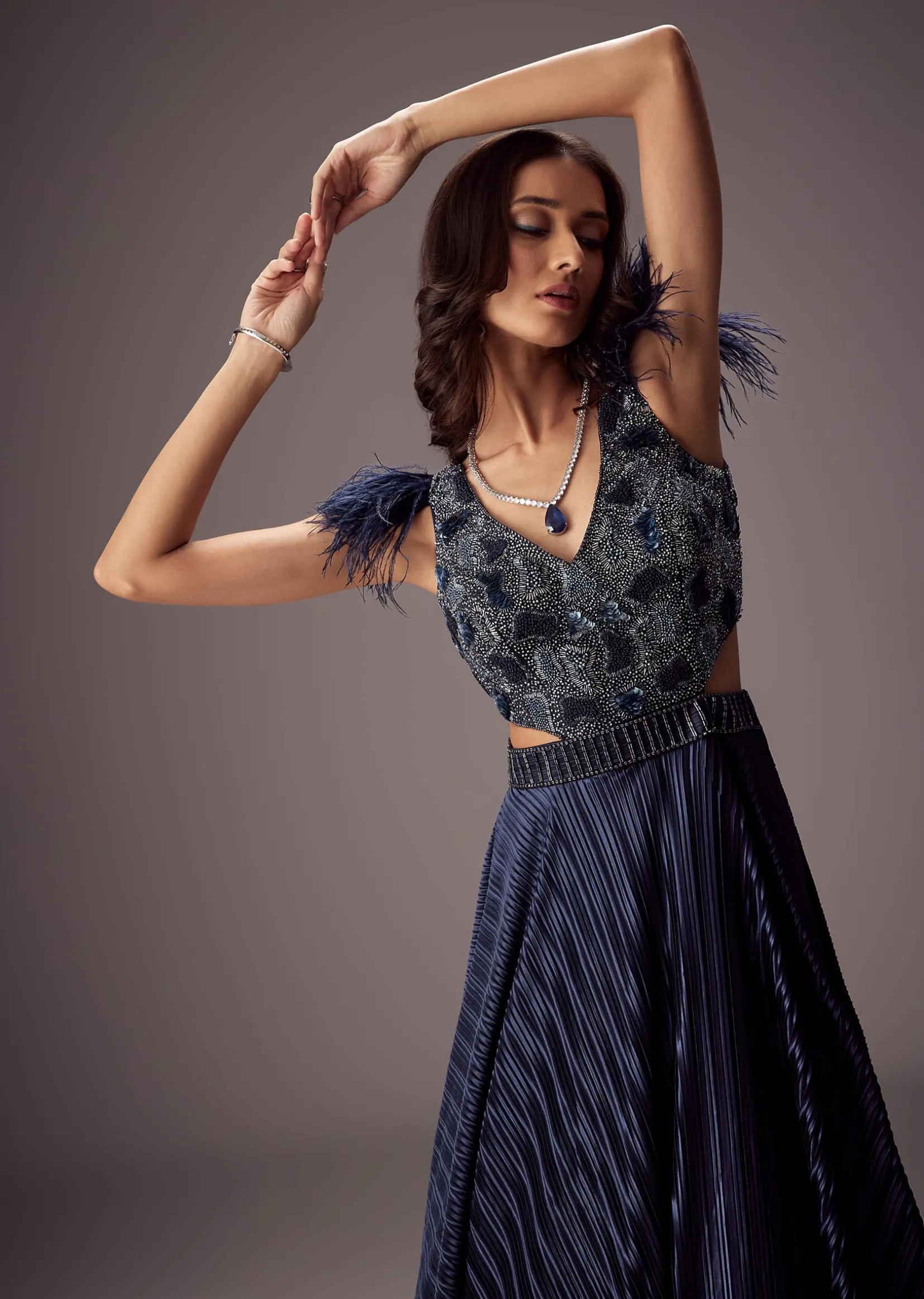 Elegant Navy Crepe Gown With Embroidered Yoke And Sweeping Ghera