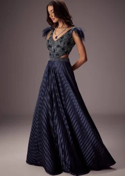 Elegant Navy Crepe Gown With Embroidered Yoke And Sweeping Ghera
