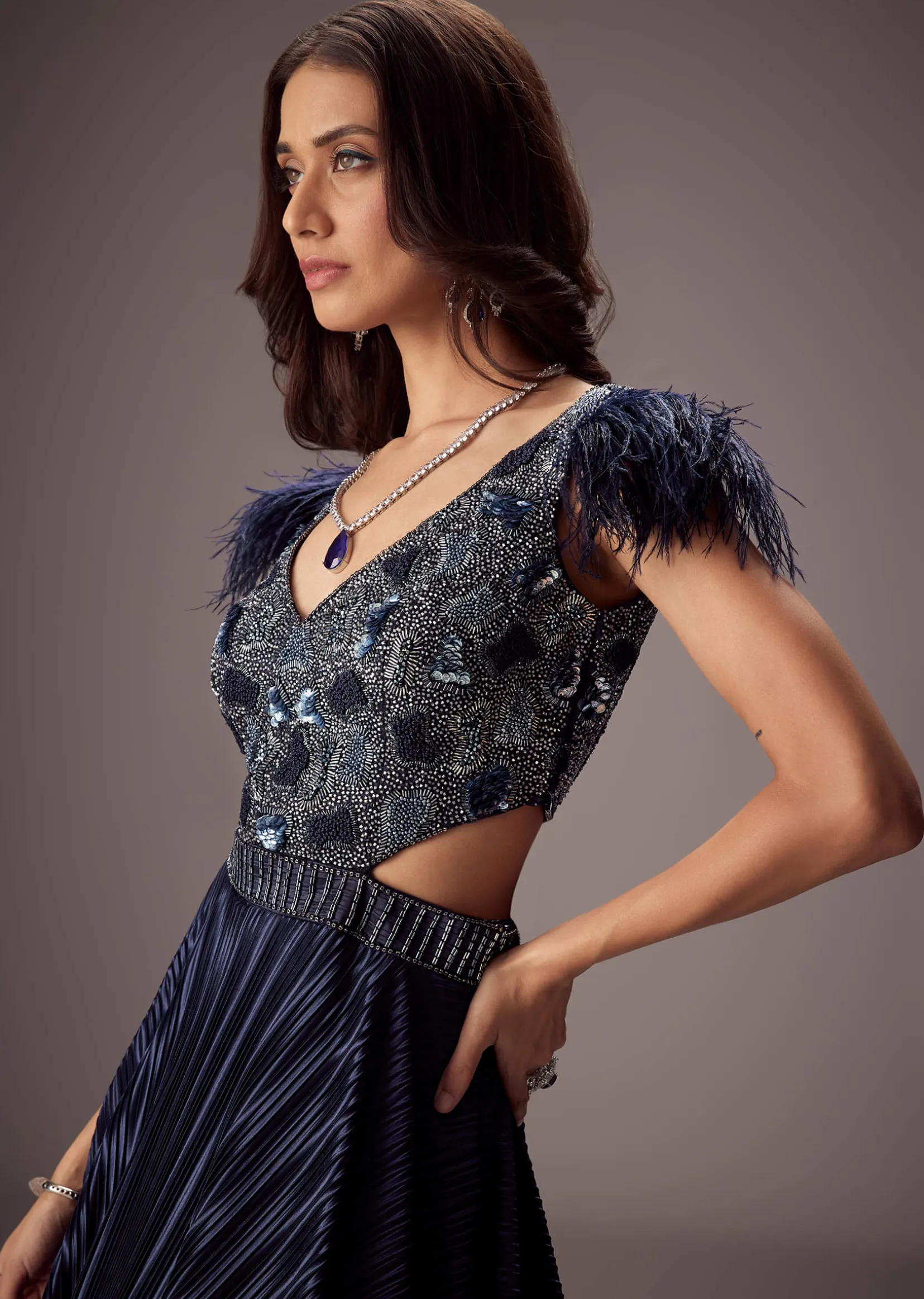 Elegant Navy Crepe Gown With Embroidered Yoke And Sweeping Ghera