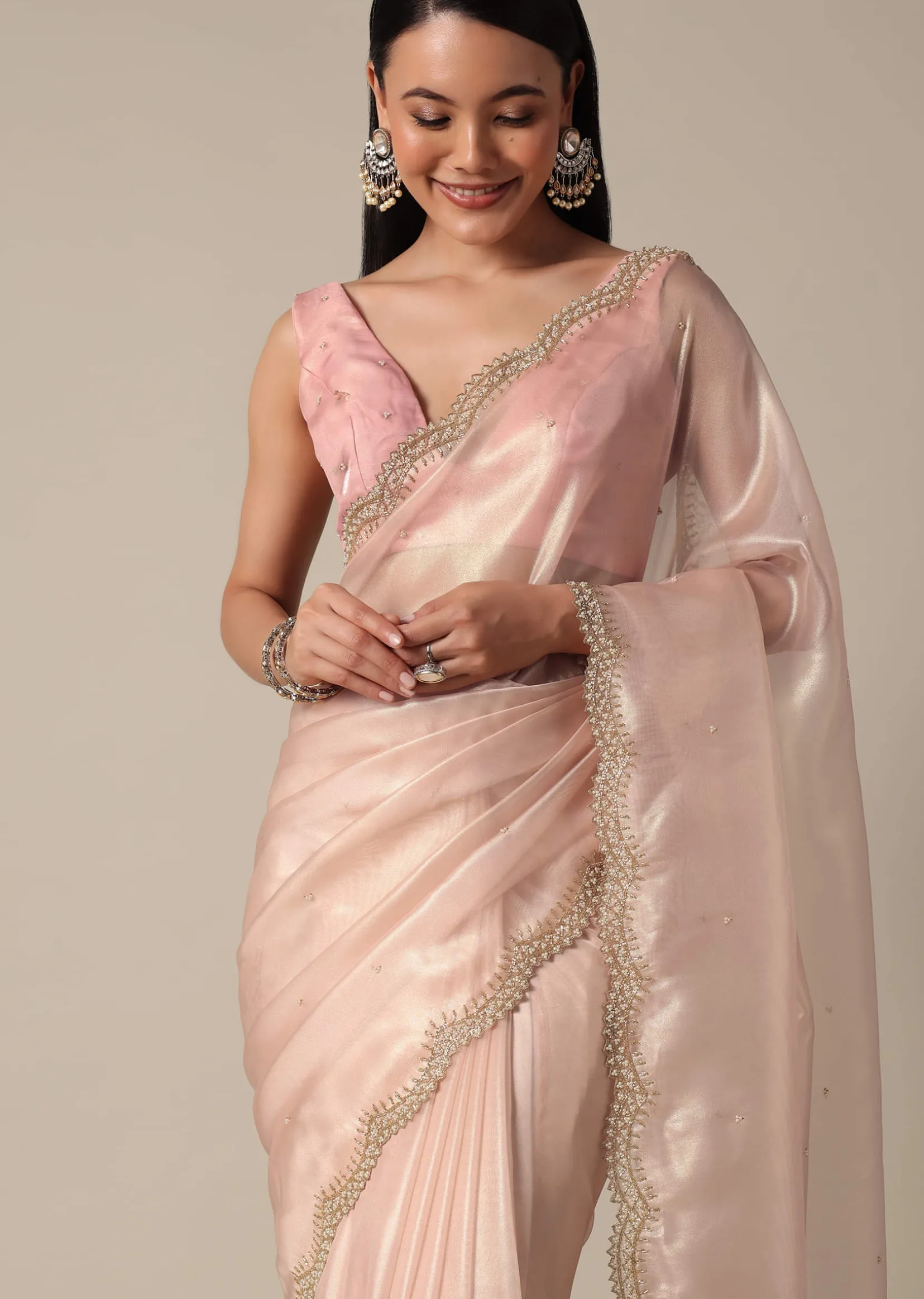 Elegant Peach Saree With Scalloped Border