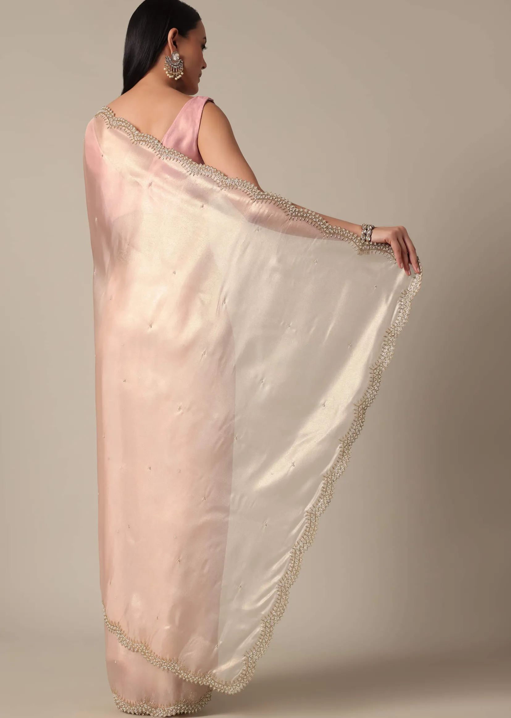 Elegant Peach Saree With Scalloped Border