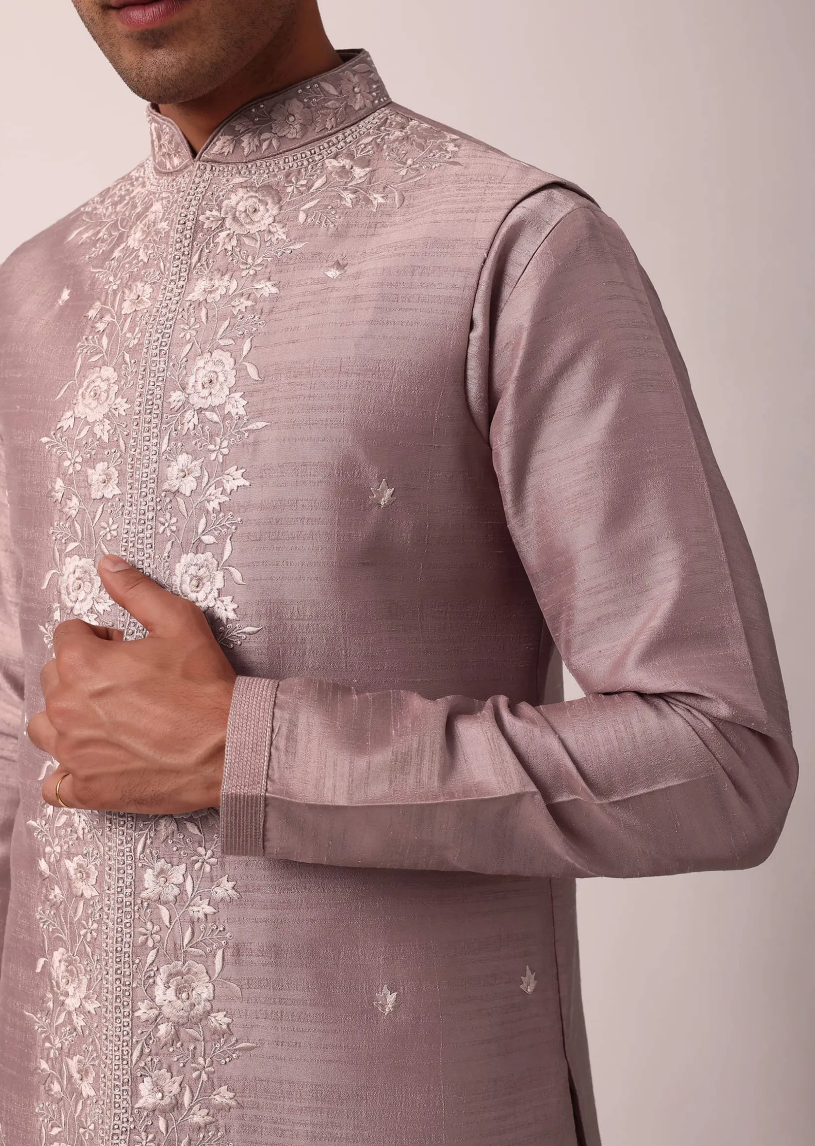 Elegant Pink Cotton Silk Embroidered Jacket Kurta Set
