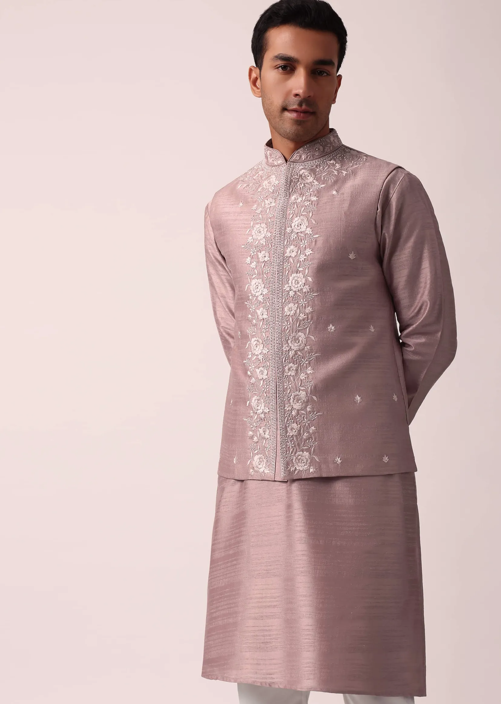 Elegant Pink Cotton Silk Embroidered Jacket Kurta Set