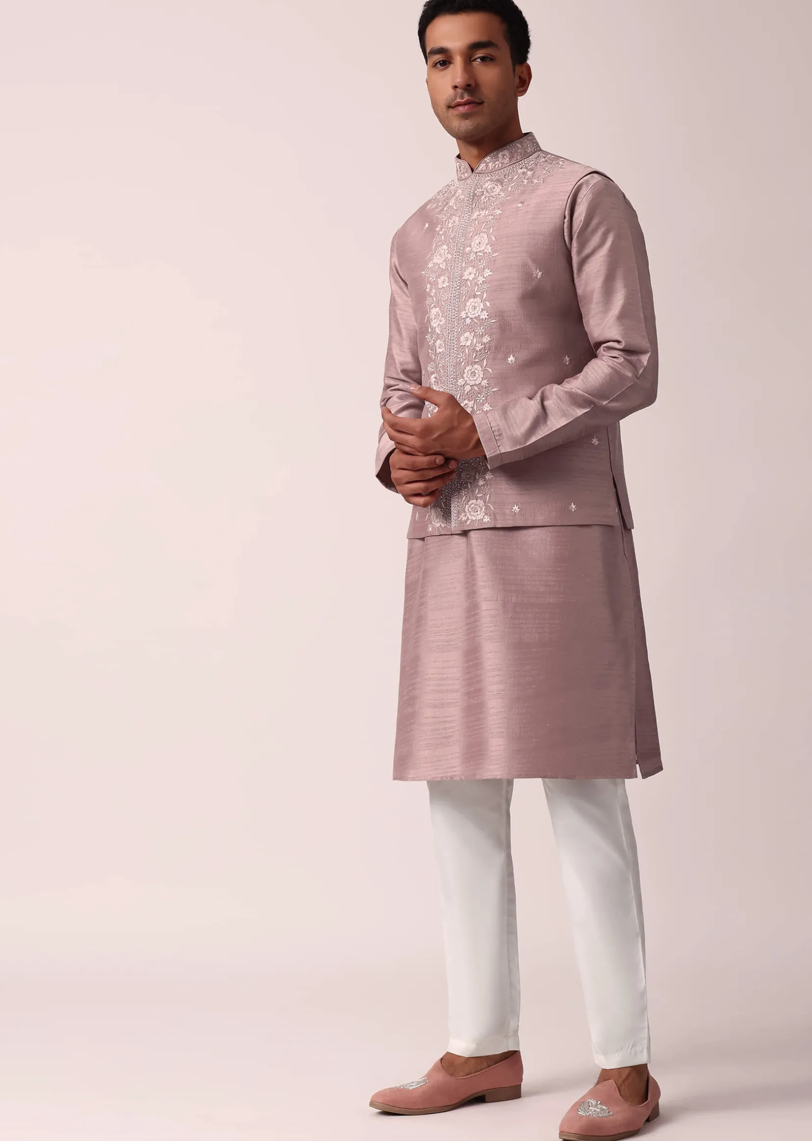 Elegant Pink Cotton Silk Embroidered Jacket Kurta Set