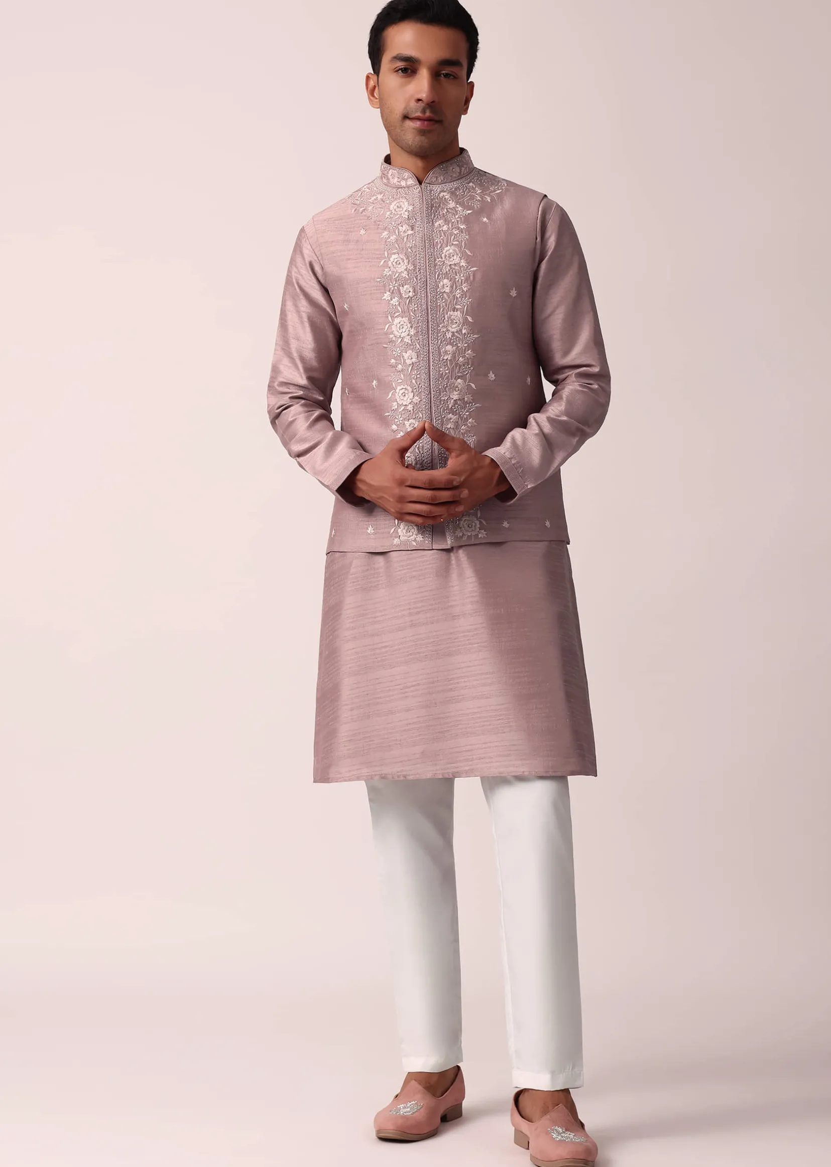 Elegant Pink Cotton Silk Embroidered Jacket Kurta Set