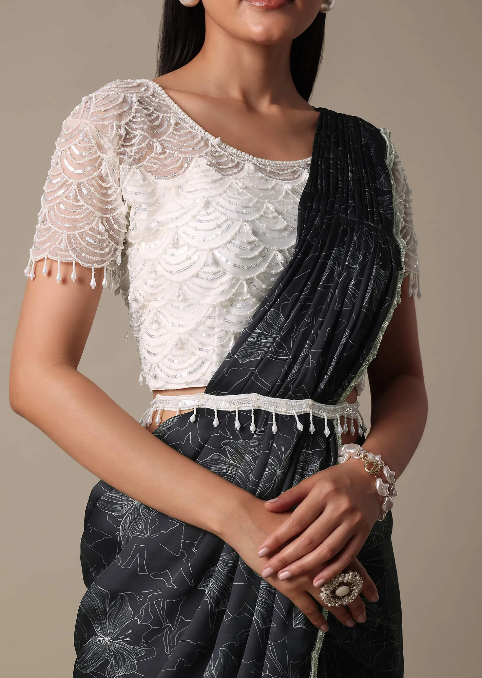 Elegant Ready To Wear Printed Saree With Embellished Ready Blouse