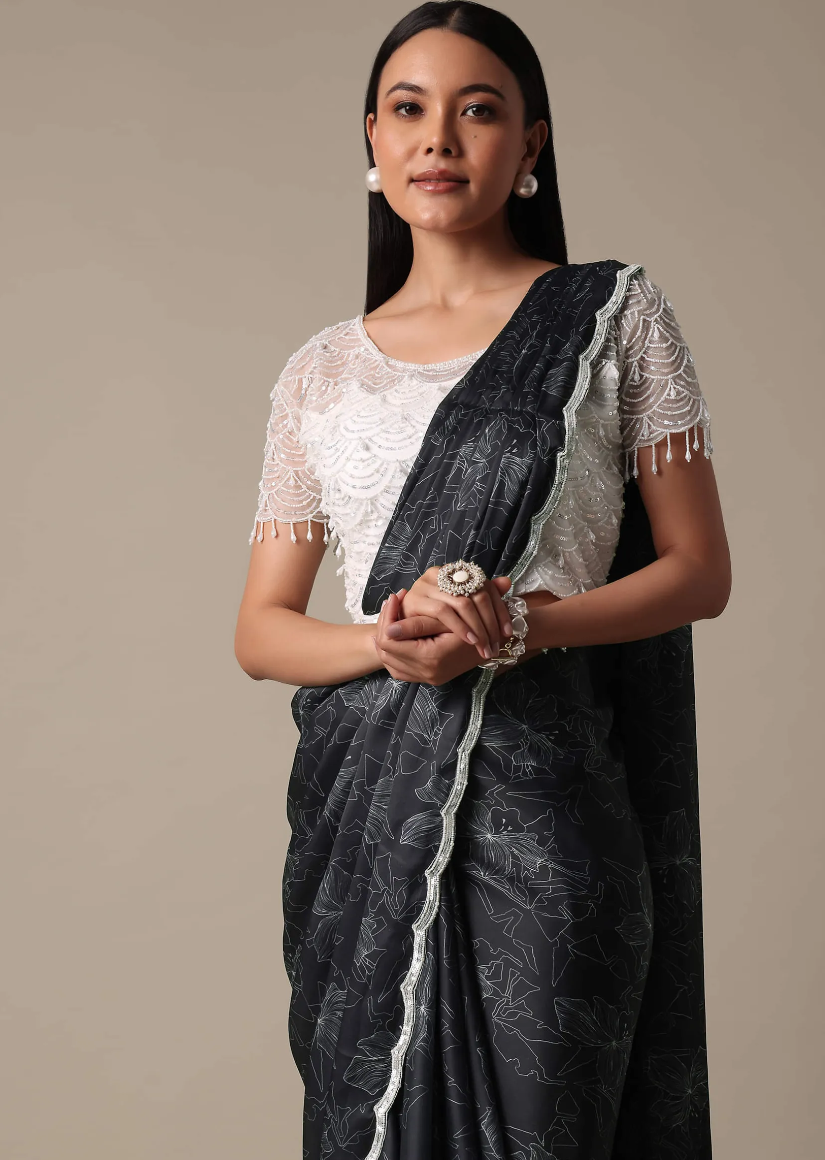 Elegant Ready To Wear Printed Saree With Embellished Ready Blouse