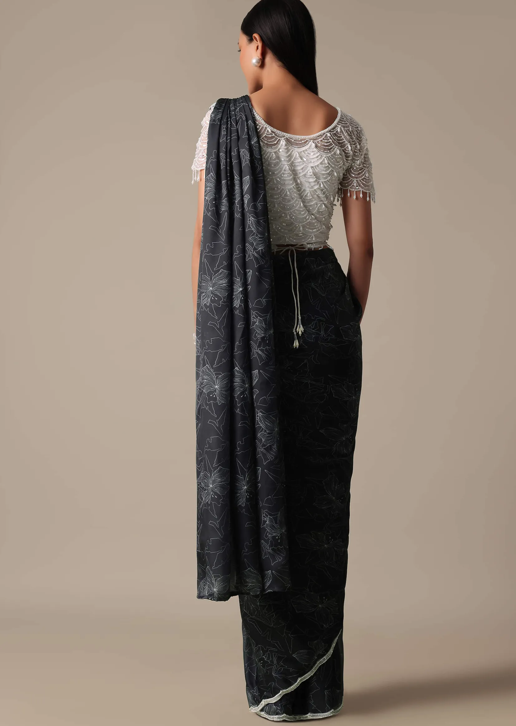 Elegant Ready To Wear Printed Saree With Embellished Ready Blouse