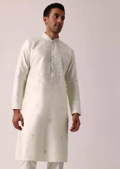 Elegant White Silk Kurta Set With Hand Embroidery