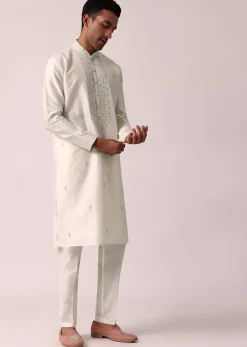 Elegant White Silk Kurta Set With Hand Embroidery