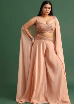 Embroidered Peach Fusion Suit With Dupatta And Flared Pants