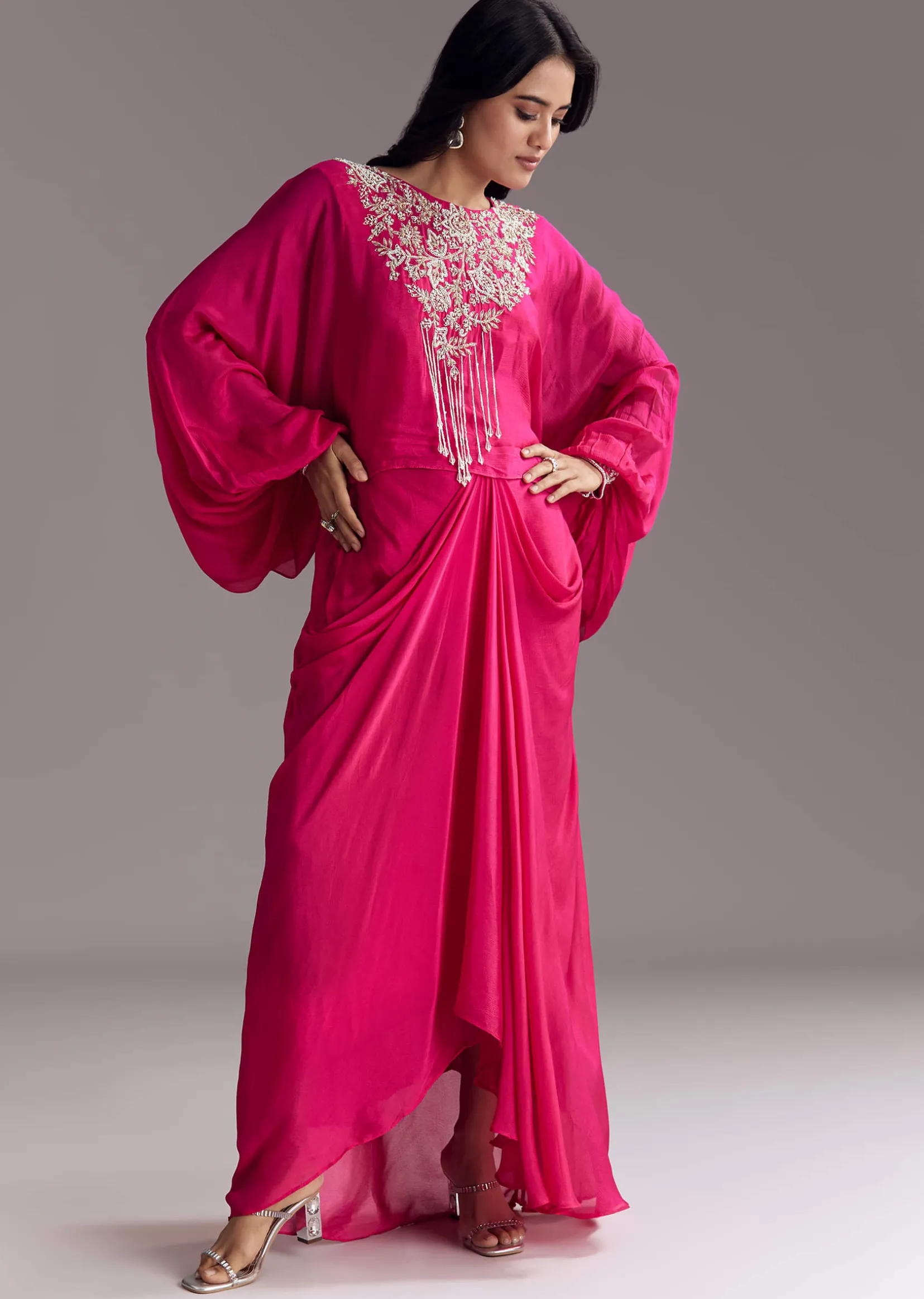 Embroidered Pink Skirt Set With Cape