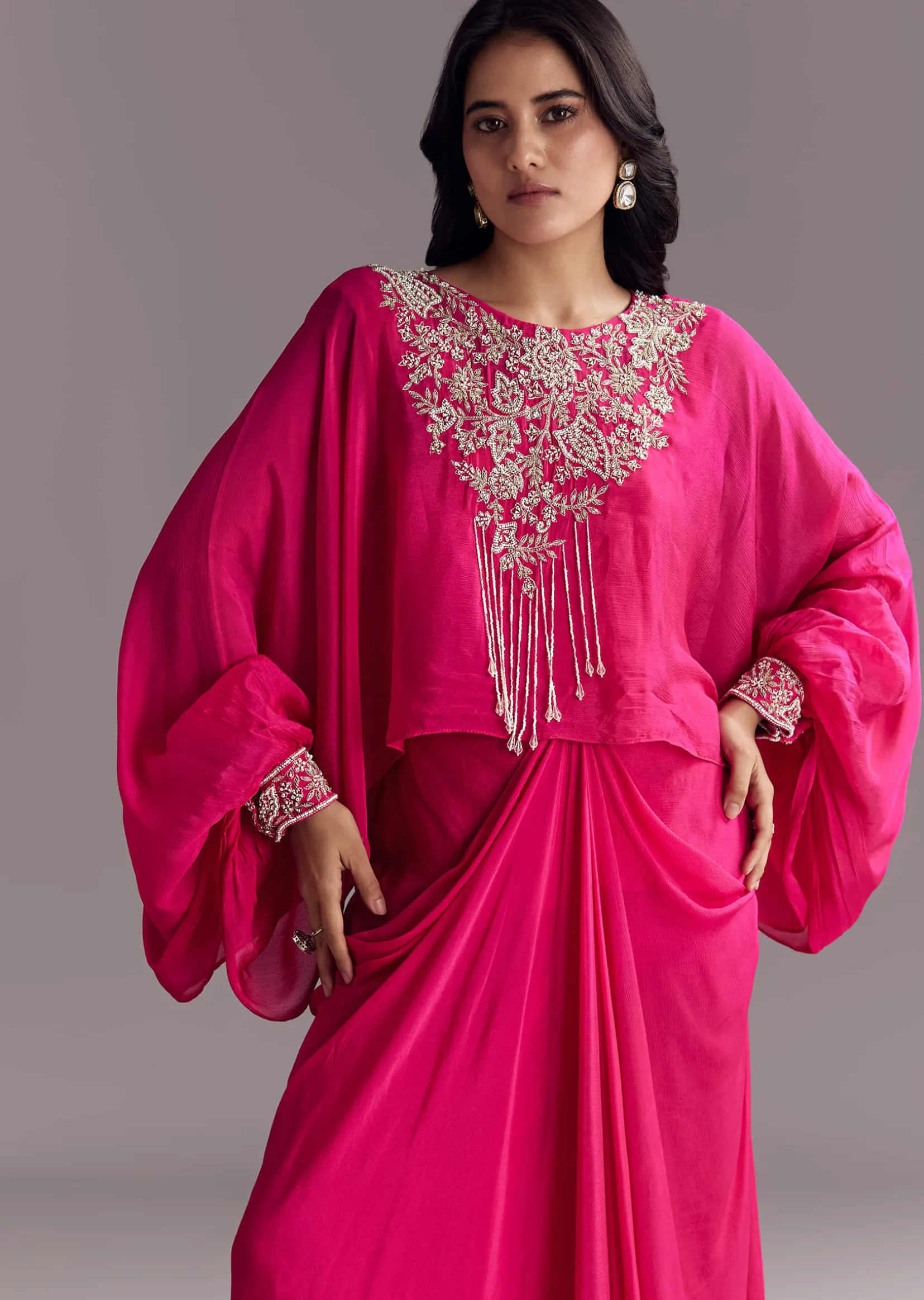 Embroidered Pink Skirt Set With Cape