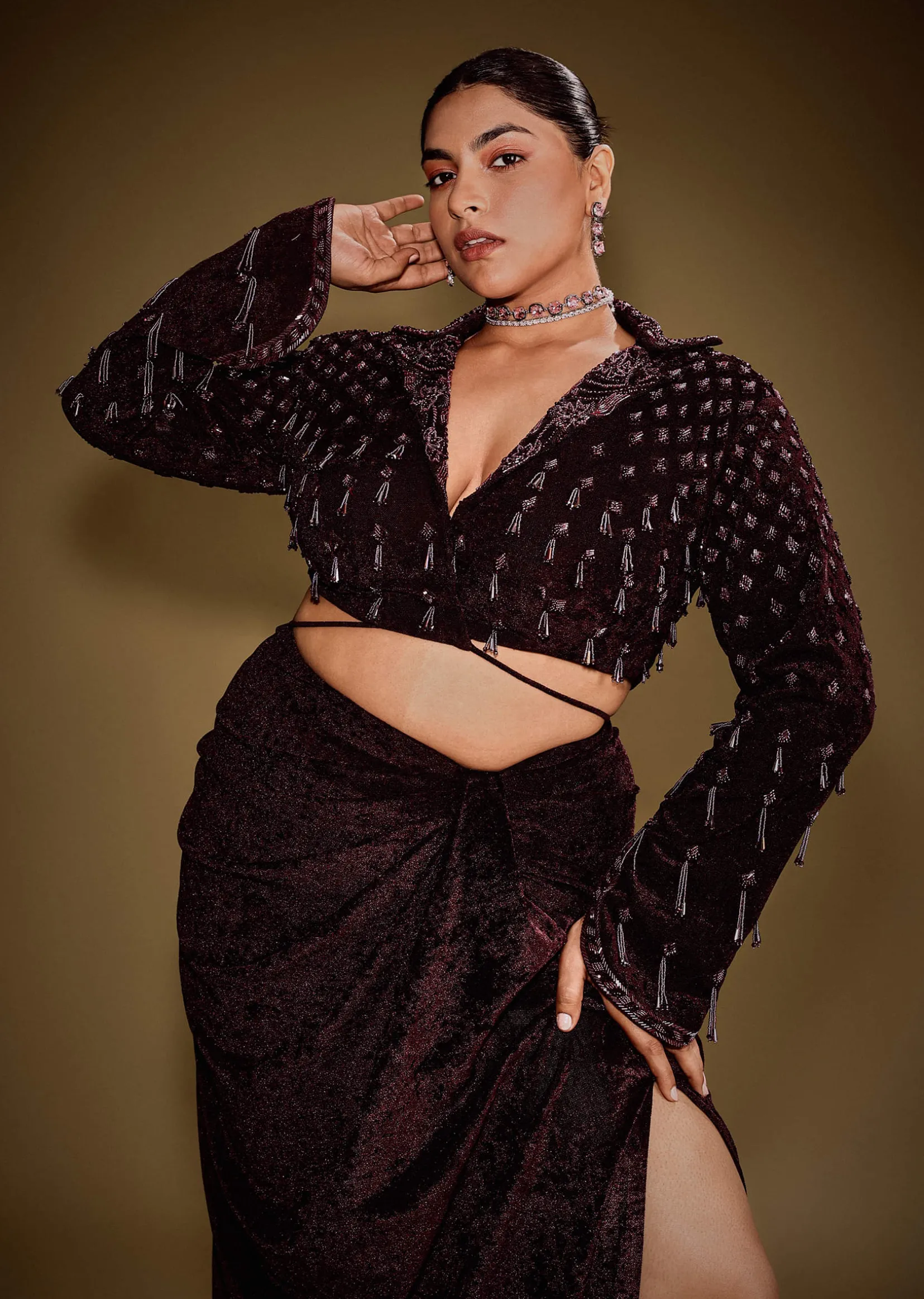 Embroidered Wine Velvet Blazer Blouse With Tassels And Draped Skirt
