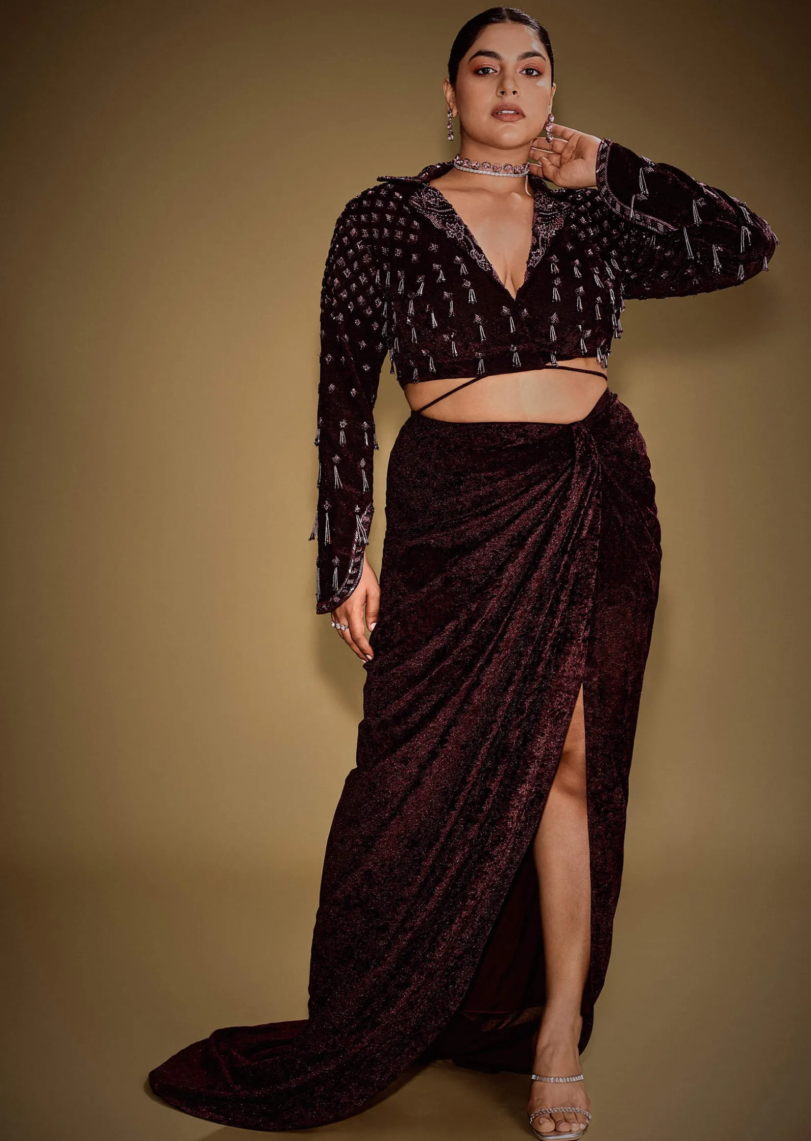 Embroidered Wine Velvet Blazer Blouse With Tassels And Draped Skirt