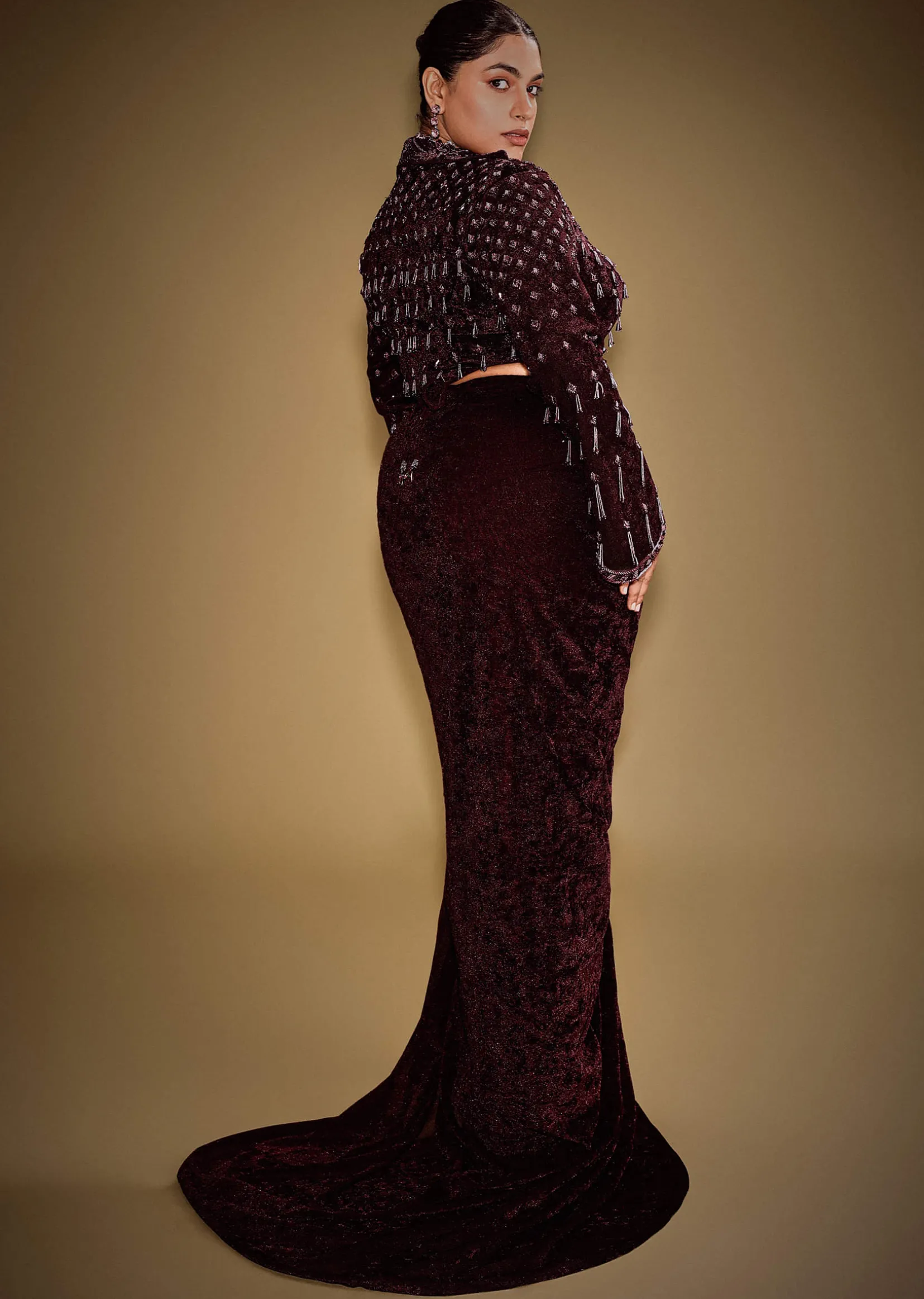 Embroidered Wine Velvet Blazer Blouse With Tassels And Draped Skirt