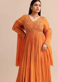 Embroidery Burnt Orange Anarkali Suit With Banarasi Organza Dupatta
