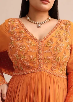 Embroidery Burnt Orange Anarkali Suit With Banarasi Organza Dupatta