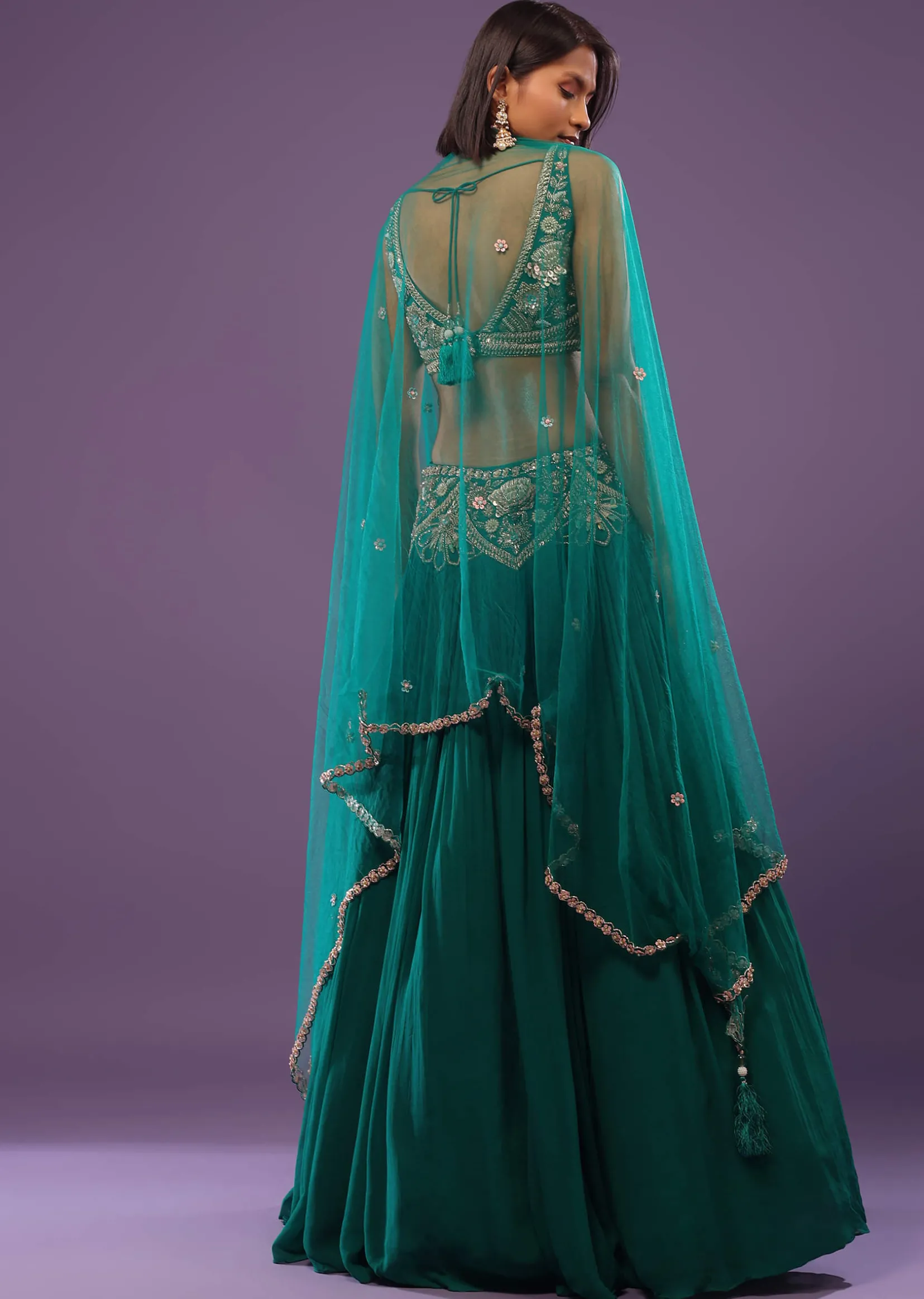 Emerald Green Embroidered Lehenga Set In Georgette