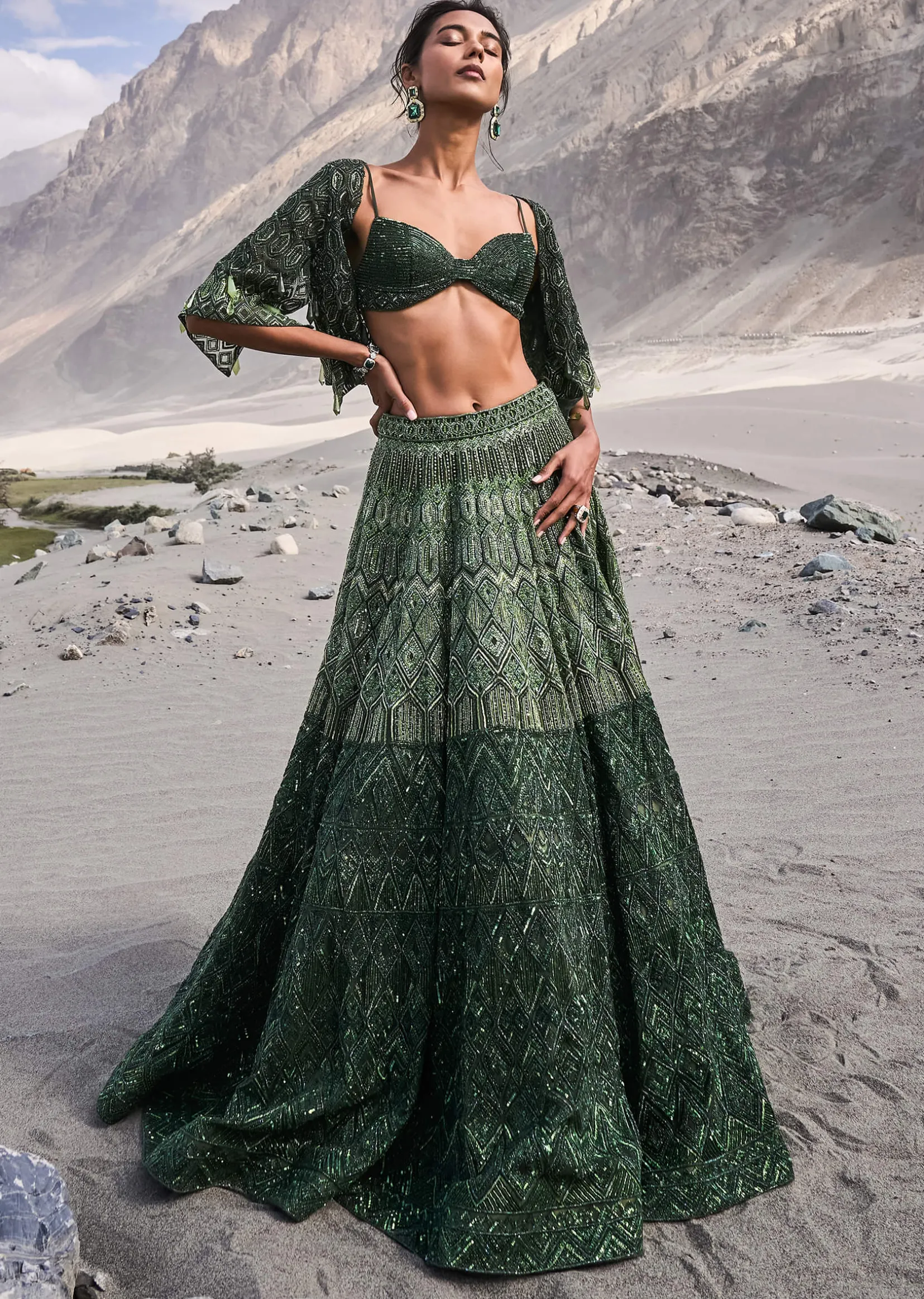 Emerald Green Heavy Crystal Cut Embroidered Lehenga With Cape