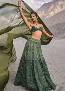 Emerald Green Heavy Crystal Cut Embroidered Lehenga With Cape