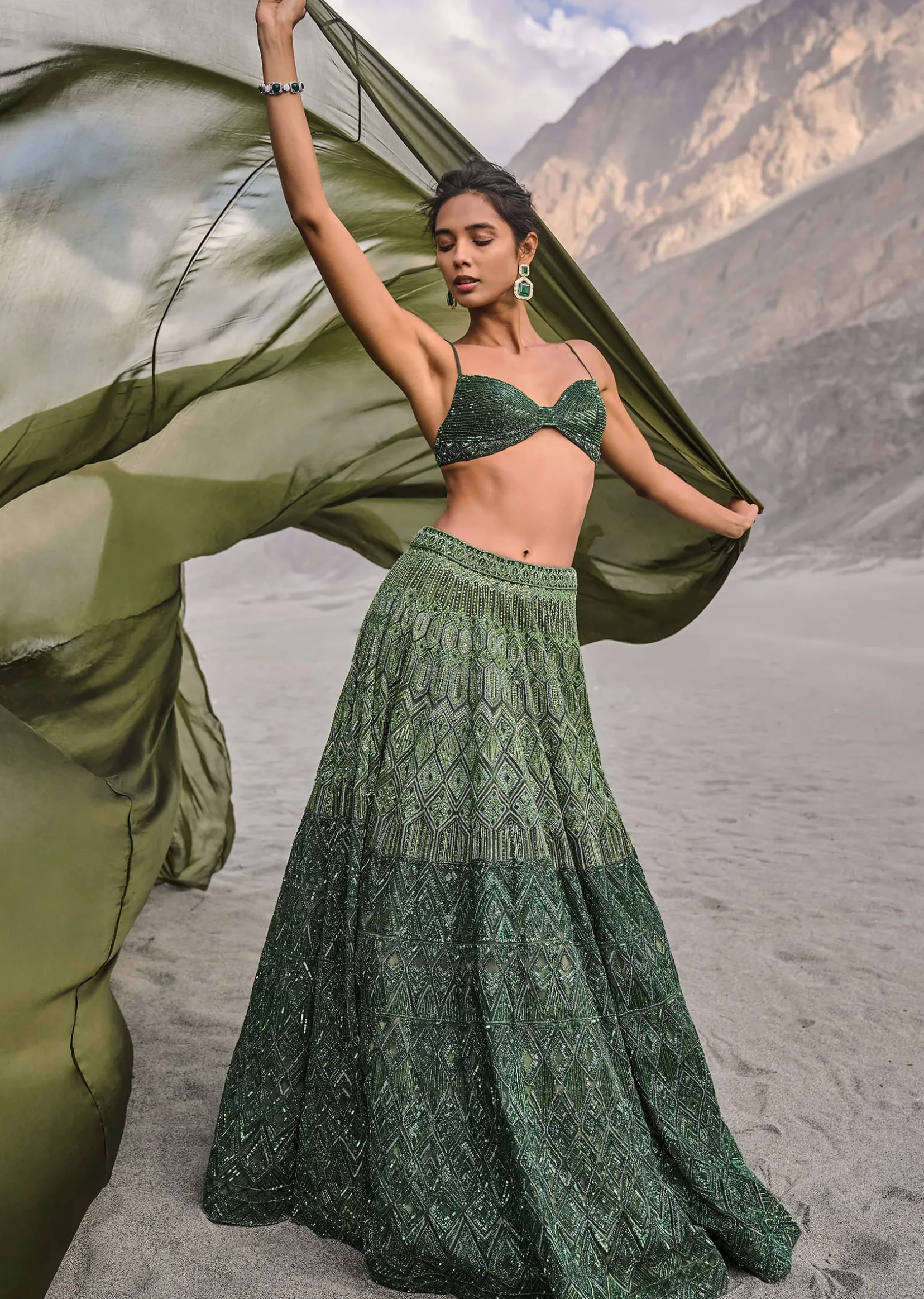 Emerald Green Heavy Crystal Cut Embroidered Lehenga With Cape
