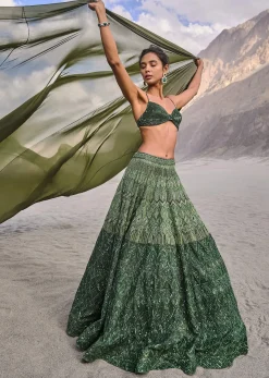 Emerald Green Heavy Crystal Cut Embroidered Lehenga With Cape