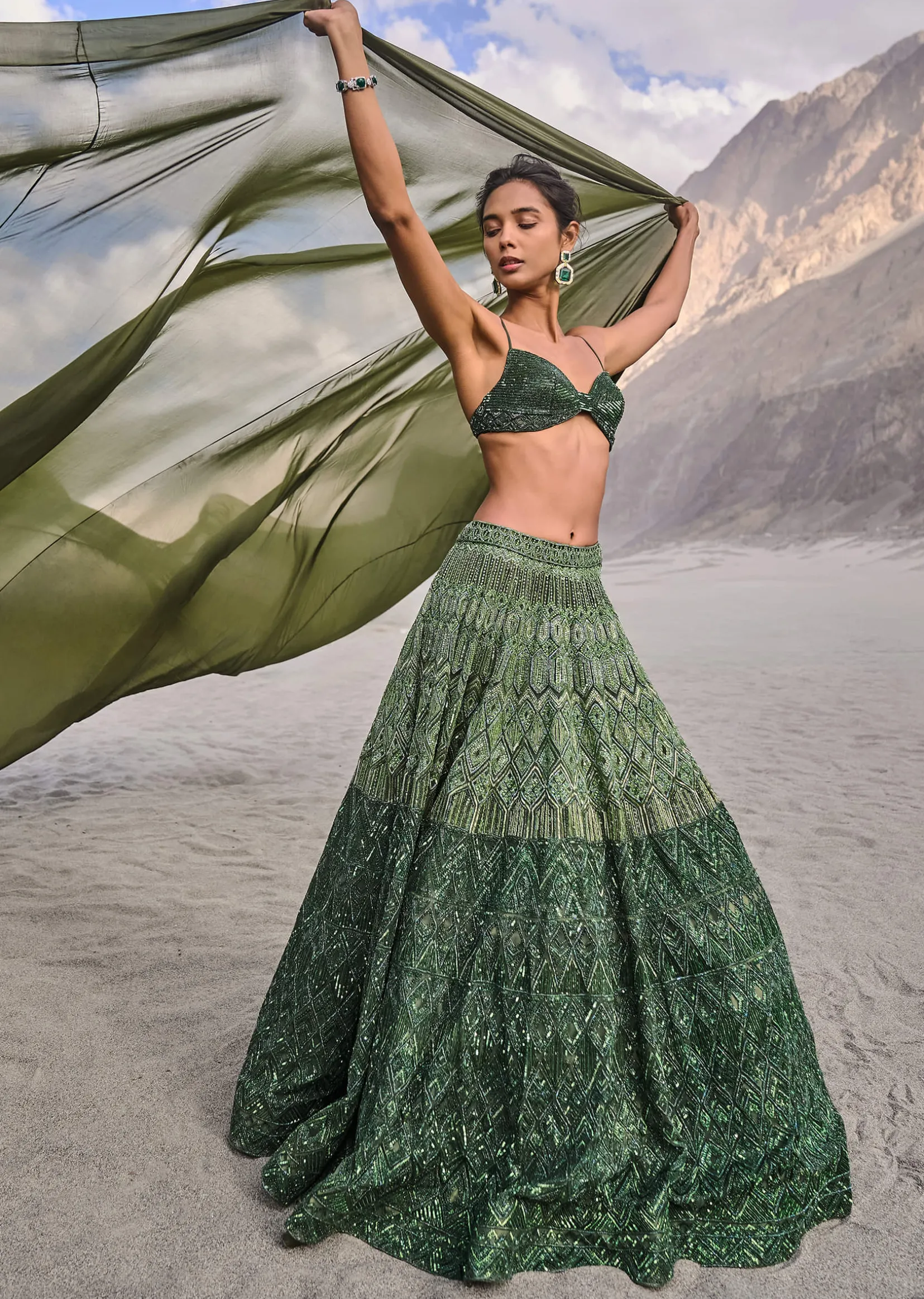 Emerald Green Heavy Crystal Cut Embroidered Lehenga With Cape
