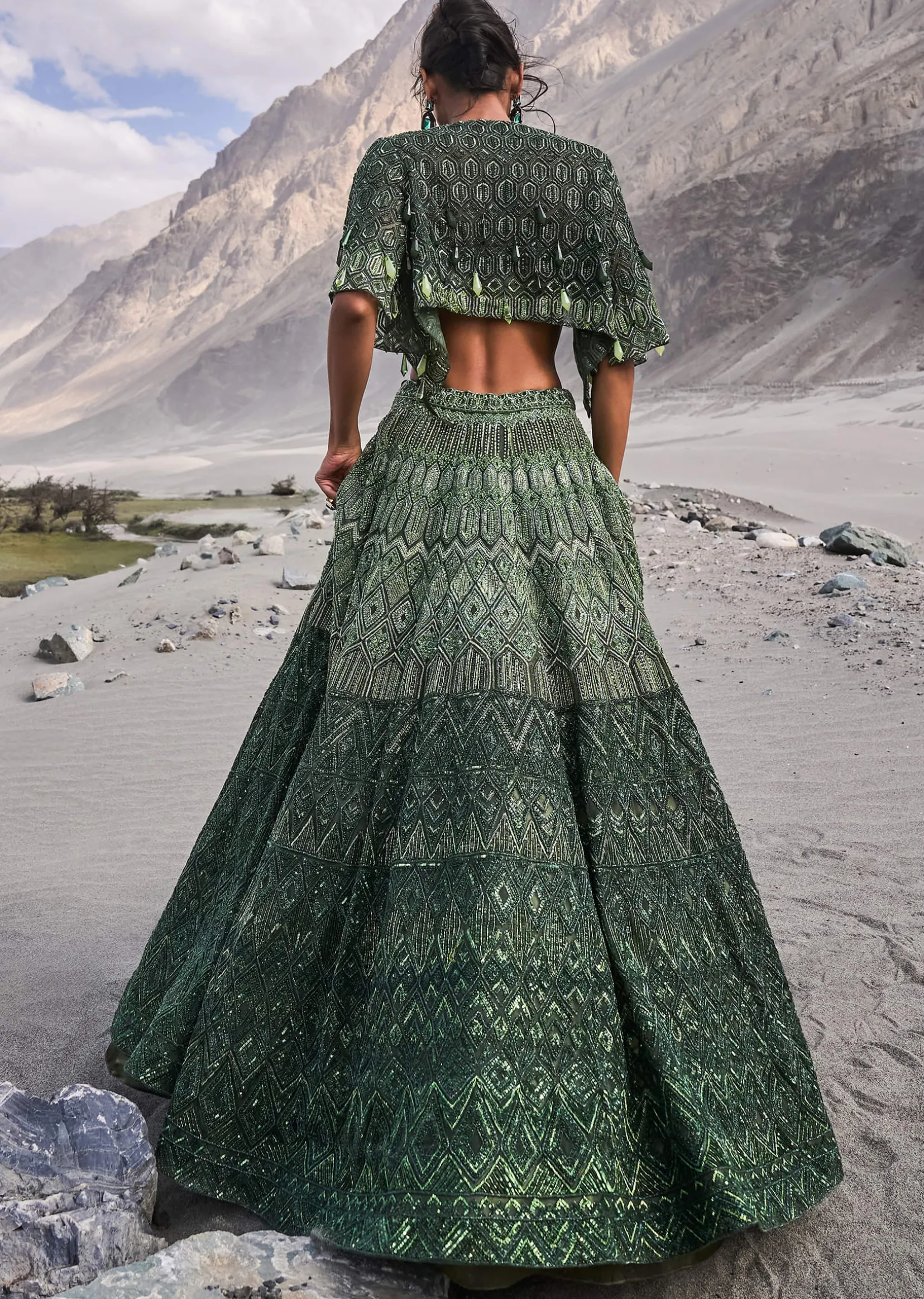 Emerald Green Heavy Crystal Cut Embroidered Lehenga With Cape