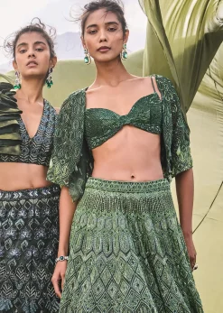 Emerald Green Heavy Crystal Cut Embroidered Lehenga With Cape