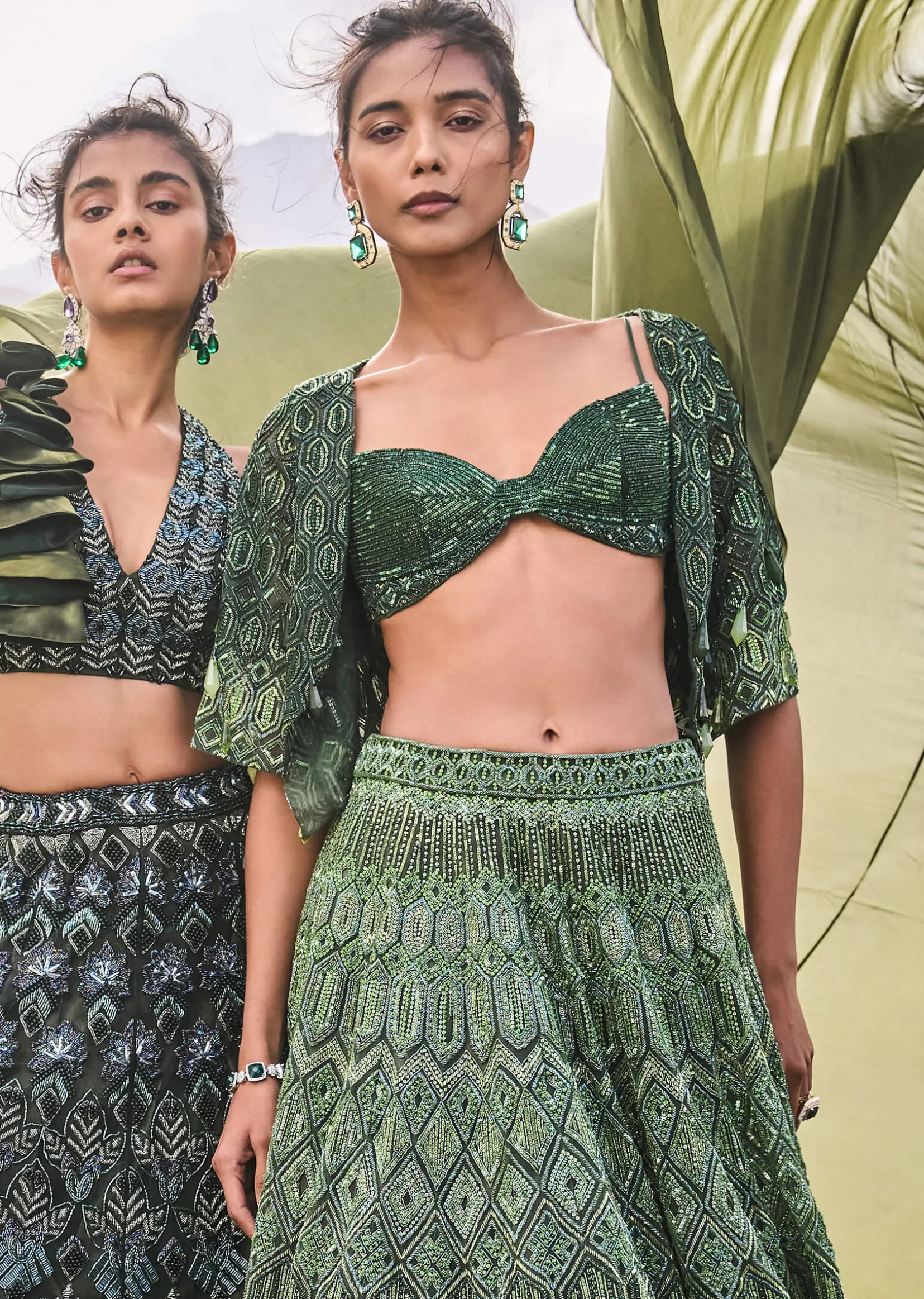 Emerald Green Heavy Crystal Cut Embroidered Lehenga With Cape