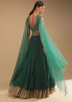 Emerald Green Lehenga In Georgette With A Plunging Neck Crop Top Featuring Floral Hand Work And Choker Dupatta