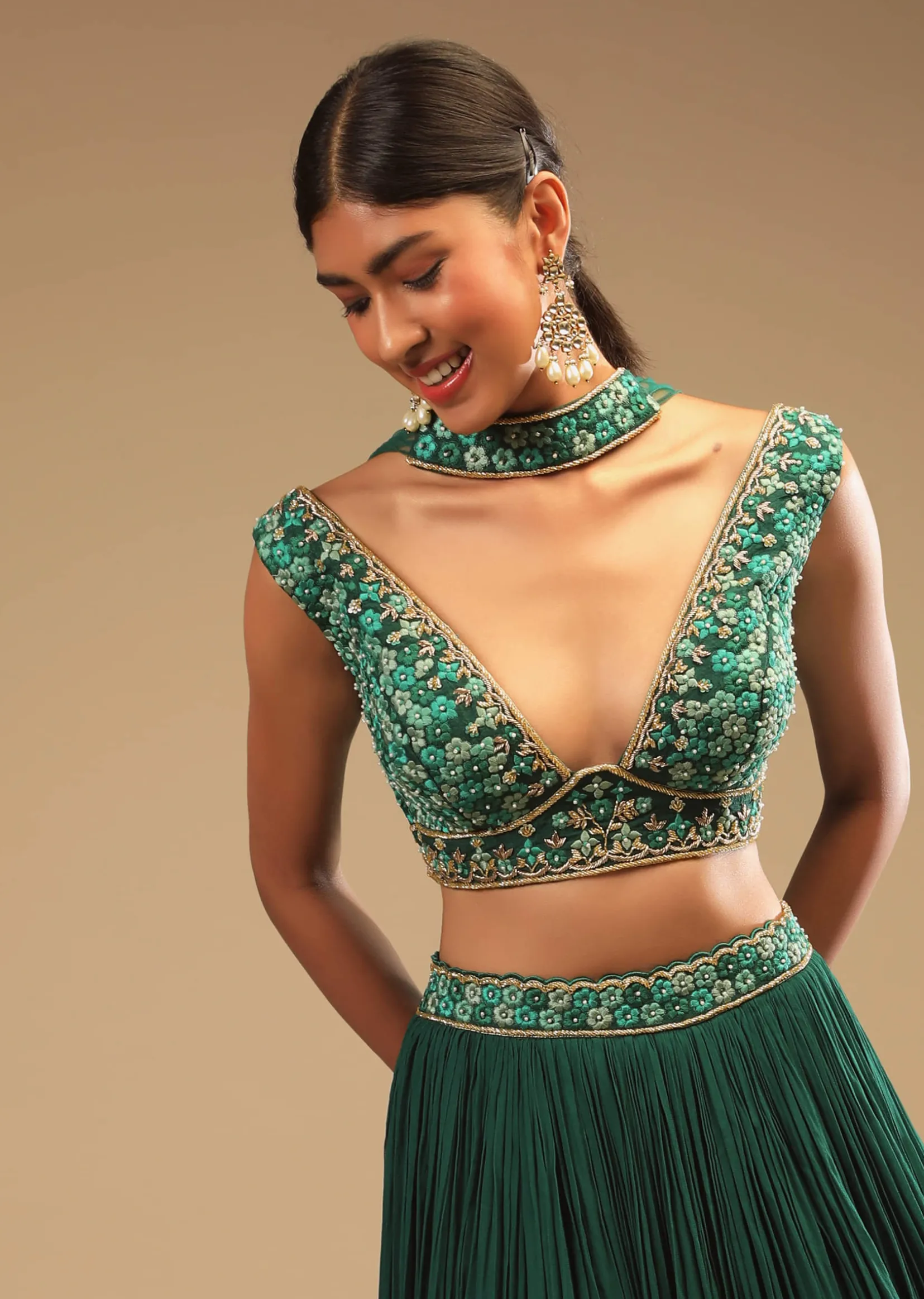 Emerald Green Lehenga In Georgette With A Plunging Neck Crop Top Featuring Floral Hand Work And Choker Dupatta