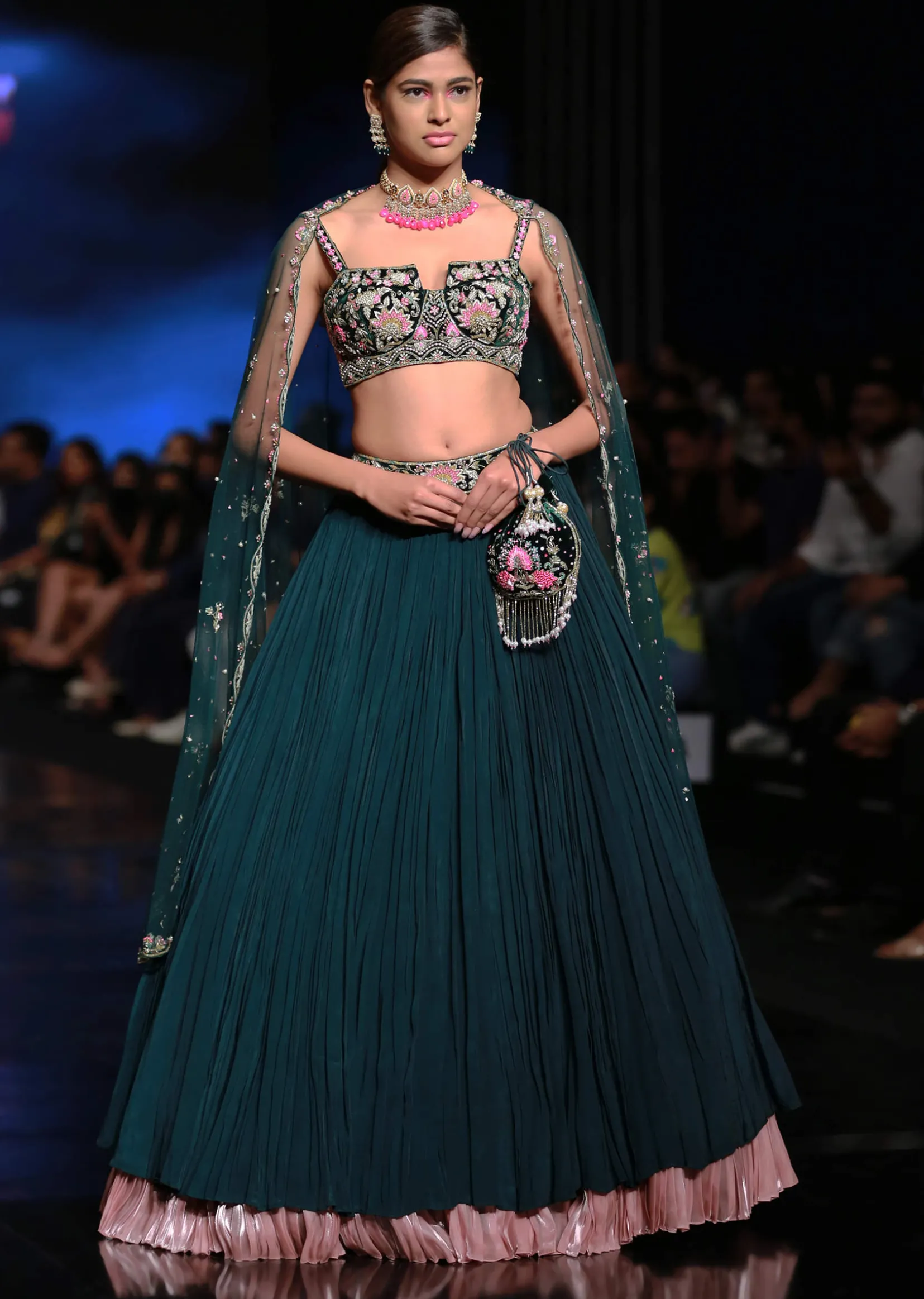 Emerald Green Lehenga With Hand Embroidered Choli Using Multi Colored Floral Motifs